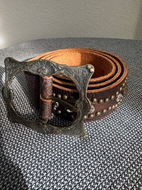 Streets Ahead Brown Rhinestone Studded Leather Belt with Ornate Buckle